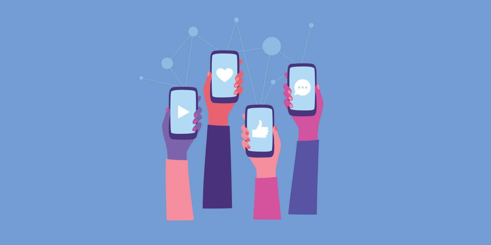 Blog Header_Benefits of Social Channels Illustration of hands holding mobile phones with different social media platforms