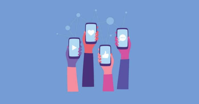 Blog Header_Benefits of Social Channels Illustration of hands holding mobile phones with different social media platforms