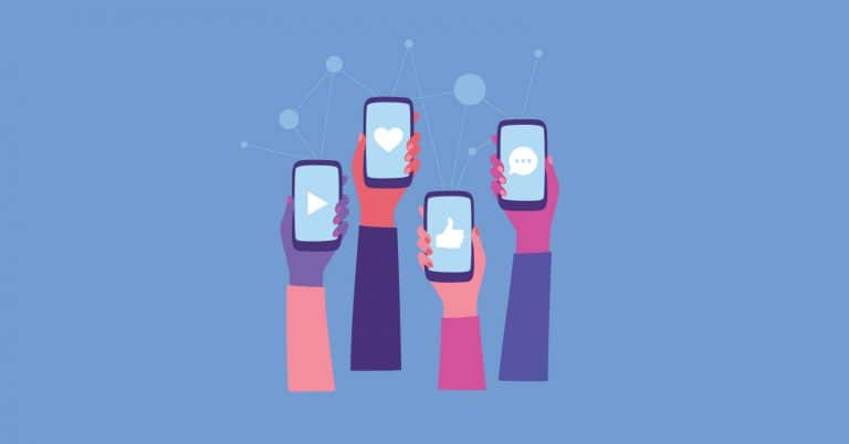 Blog Header_Benefits of Social Channels Illustration of hands holding mobile phones with different social media platforms