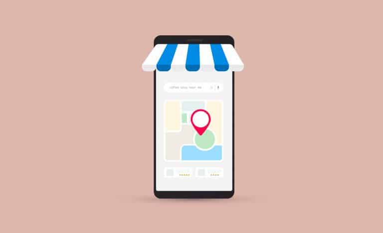 Google My Business_Web Banner A google search for a local business displayed on a phone