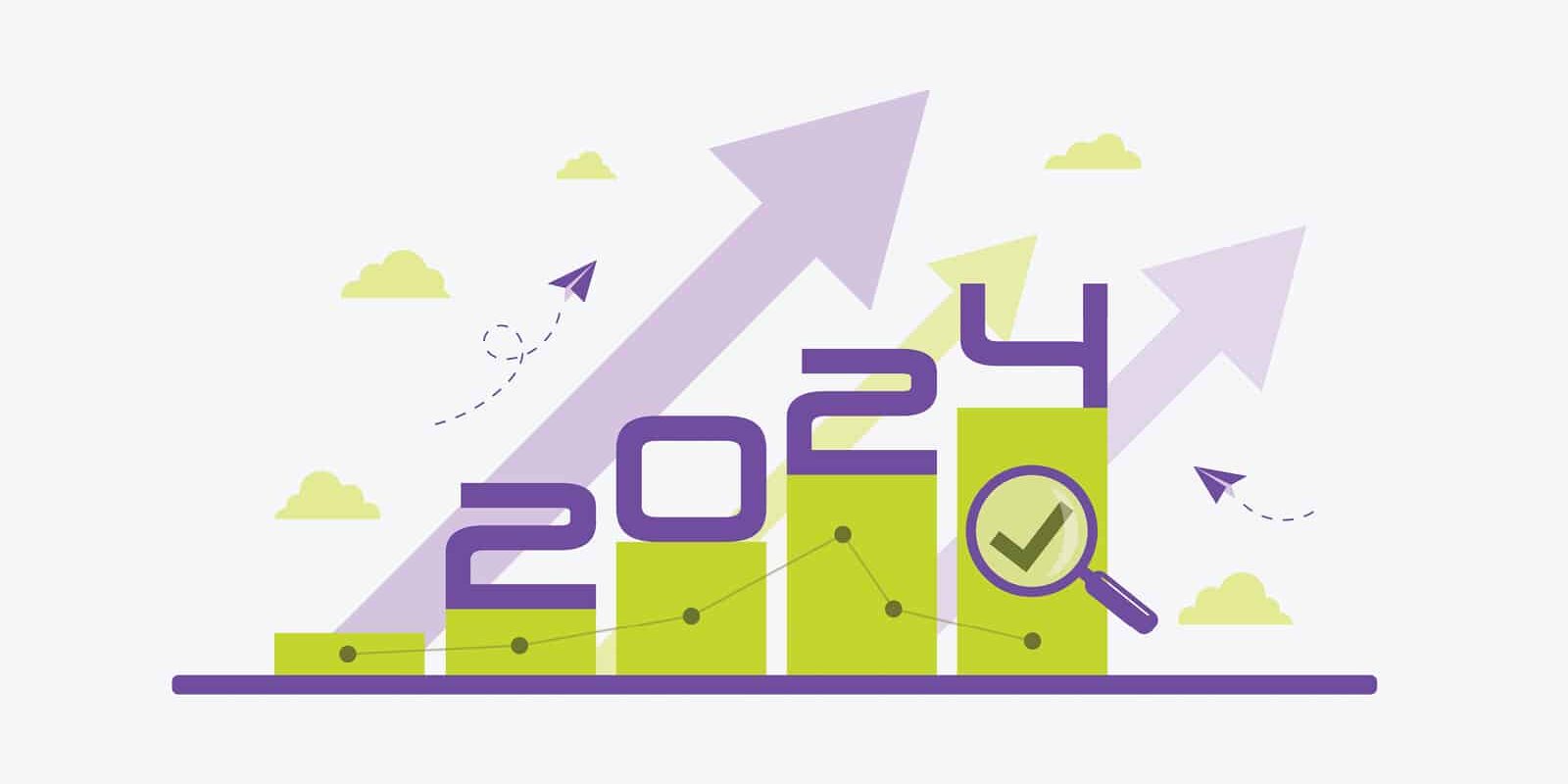 Sims_Blog Post_2024 Digital Marketing Trends_1200x360_2024 Marketing Start_1200x630 bar graph, arrows and magnifying glass with the year 2024