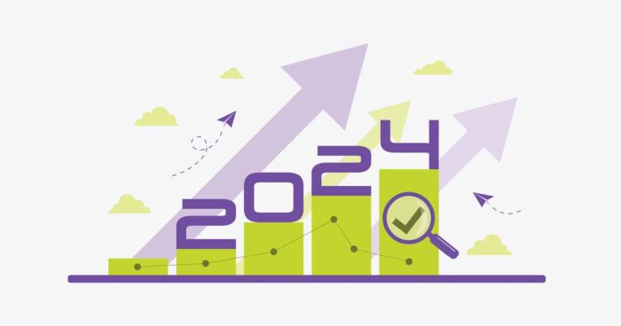 Sims_Blog Post_2024 Digital Marketing Trends_1200x360_2024 Marketing Start_1200x630 bar graph, arrows and magnifying glass with the year 2024